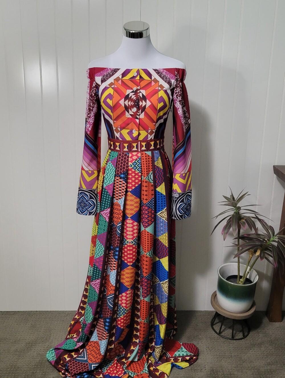 L'Atiste 70s Boho Hippie Psychedelic Patchwork Tribal Off Shoulder Maxi Dress S